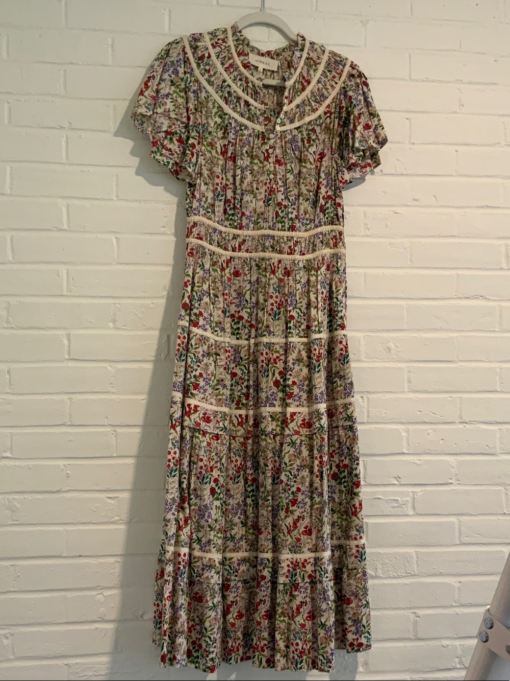 THE GREAT. Cream Floral Tiered Maxi Dress with Red & Green Print